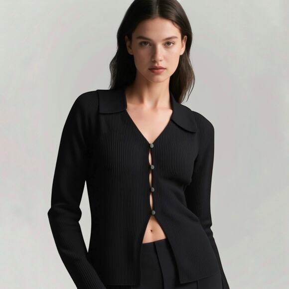 & Other Stories Black Collared Rib V-Neck Cardigan Size Medium - Picture 1 of 7